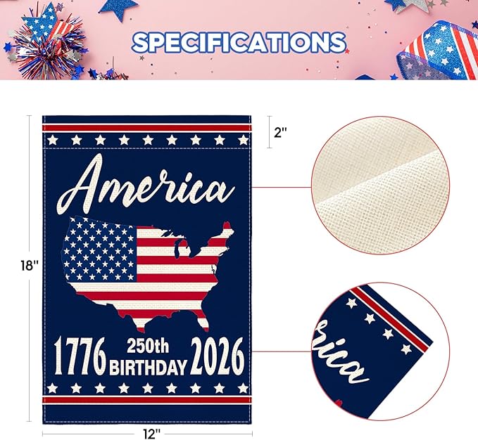 AVOIN colorlife 1776-2026 America 250th Anniversary Patriotic Garden Flag 12x18 Inch Double Sided Outside, 4th of July American 250 Years Yard Outdoor Decoration