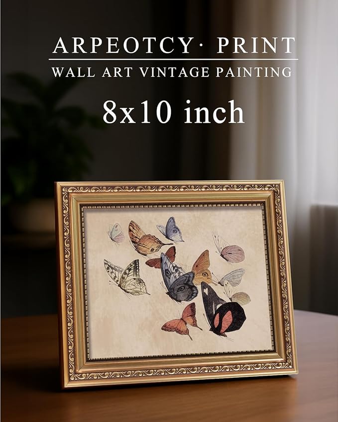 ARPEOTCY Vintage Gold Framed Wall Art, Classical Flying Butterflies Paintings, 8x10 inch Small Aesthetic Canvas Prints Artwork with Frame, Victorian Wall Decor for Living Room Bathroom Bedroom Shelf