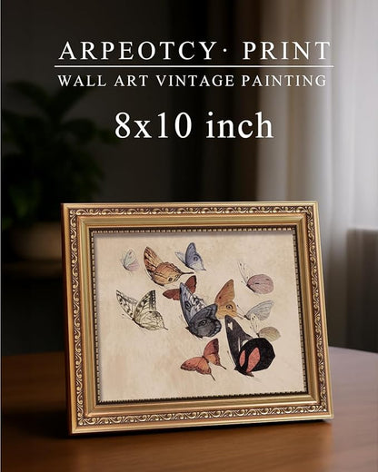 ARPEOTCY Vintage Gold Framed Wall Art, Classical Flying Butterflies Paintings, 8x10 inch Small Aesthetic Canvas Prints Artwork with Frame, Victorian Wall Decor for Living Room Bathroom Bedroom Shelf