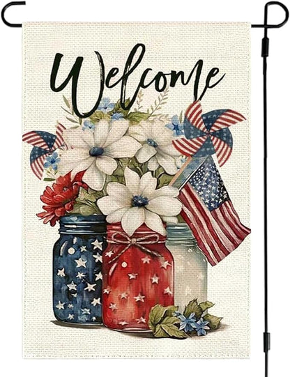 1Pcs 4th of July Garden Flag, Summer Small Yard Flags for Outside, Independence Day Garden Flags 12x18 Vertical Double Sided, Patriotic Mason Jar Flowers Garden Flags for 4th of July Outside Decoration
