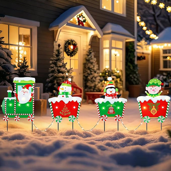 WONDER GARDEN Christmas Yard Stakes, 4 PCS LED Light Christmas Train Decor with Santa Claus, Snowman, Penguin and Elf Yard Signs Yard Decorations for Lawn Decorations