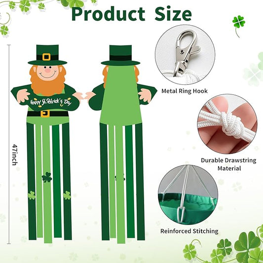 47 Inches St. Patrick's Day Leprechaun Windsock Decoration, Green Hanging Outdoor Windmill Decor with Shamrock Designs, Festive Irish-Themed Wind Sock Ornament for Garden, Patio, and Yard