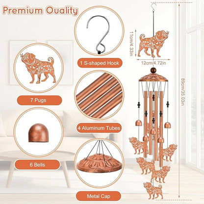 Pug Wind Chimes for Outside Metal Windchimes Pug Gifts for Women Men Garden Decor for Patio Yard Memorial for Dog Lovers
