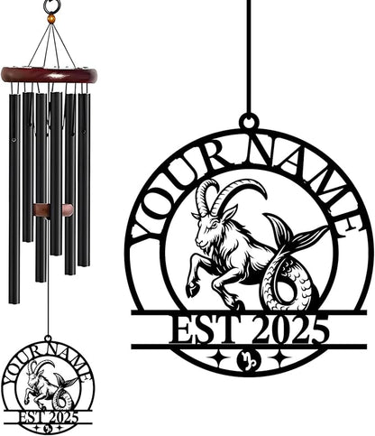 Personalized Customize Name 12 Zodiac Signs Wind Chime, Metal Iron 37 Inch Outdoor Memorial Gift for Garden Yard Patio Home Decor, Black (Capricorn)