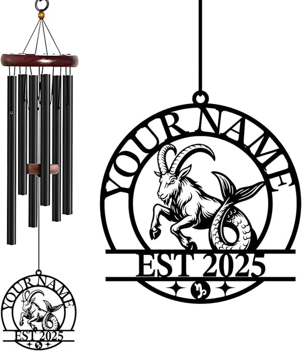 Personalized Customize Name 12 Zodiac Signs Wind Chime, Metal Iron 37 Inch Outdoor Memorial Gift for Garden Yard Patio Home Decor, Black (Capricorn)