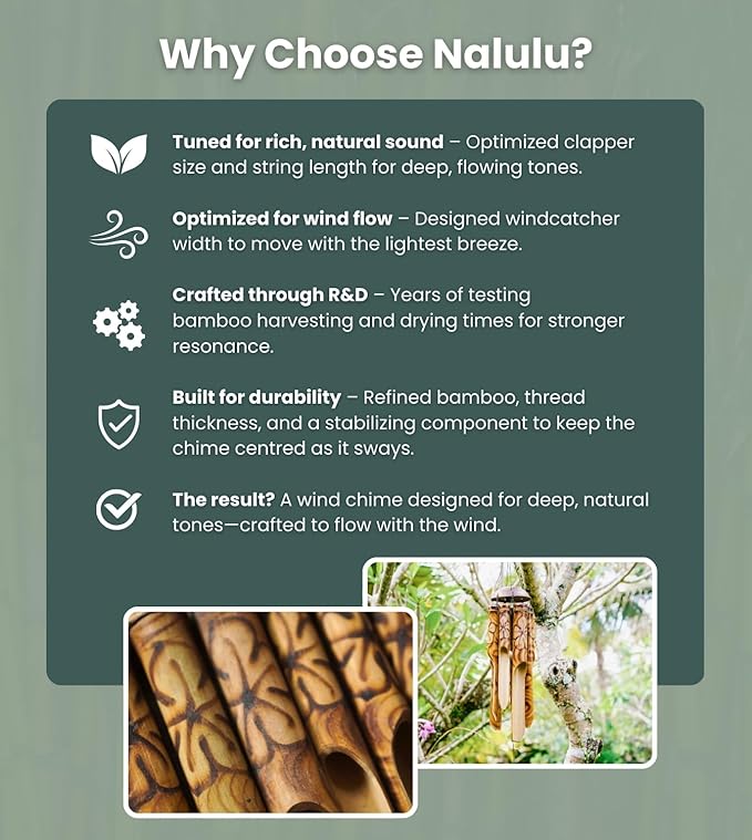 Nalulu Rustic Bamboo Wind Chimes - Outside Outdoor Wooden Windchimes, Large, Floral Burned Design with Coconut Crown, Handcrafted with Calming Deep Tones, Home Decor, Ideal Gift for Him & Her