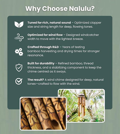 Nalulu Rustic Bamboo Wind Chimes - Outside Outdoor Wooden Windchimes, Large, Floral Burned Design with Coconut Crown, Handcrafted with Calming Deep Tones, Home Decor, Ideal Gift for Him & Her