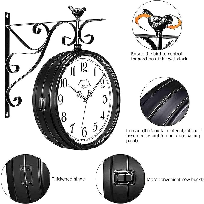 American Iron Vintage Train Station Clock Double Sided Wall Clock, Double Sided Metal Clock, European Antique Silent Double Sided Wall Clock for Patio, Garage, Fence, House, Living Room Art Decoration