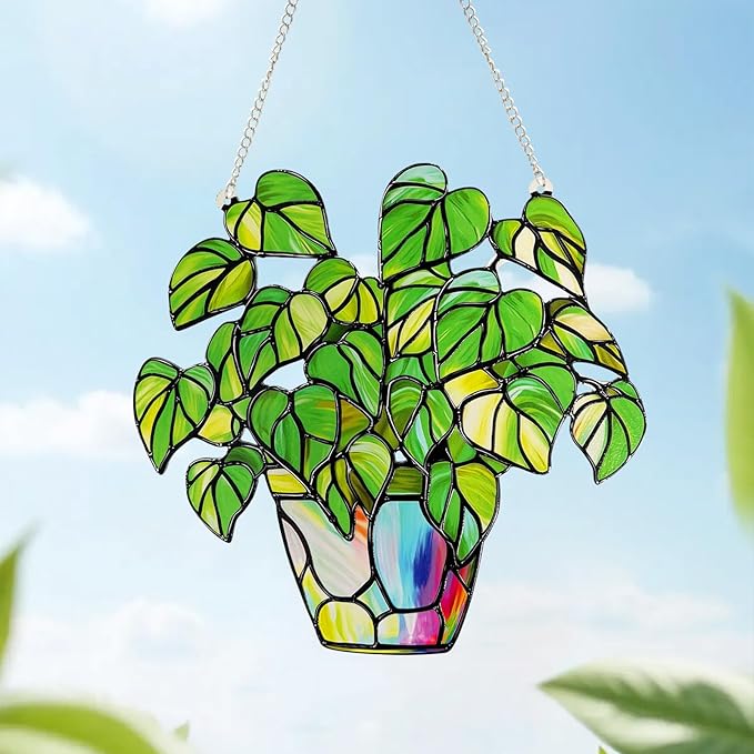 Stained Glass Plant Suncatcher Window Hanging, Marzovitra 10 Inch Real Glass Potted Green Leaves Sun Catcher with Chain Botanical Sun Catcher Window Decor for Home Garden, Plant Lover Gift