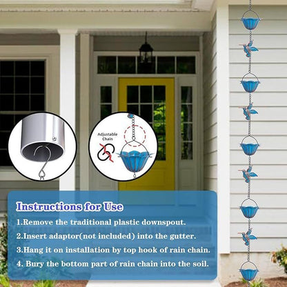 Rain Chains for Gutters, 7.87Ft Hummingbird and Cup Rain Chains for Gutters, Adjustable Rain Chimes for Outside Replacement Downspout for Gutters Eaves Drainage, Blue