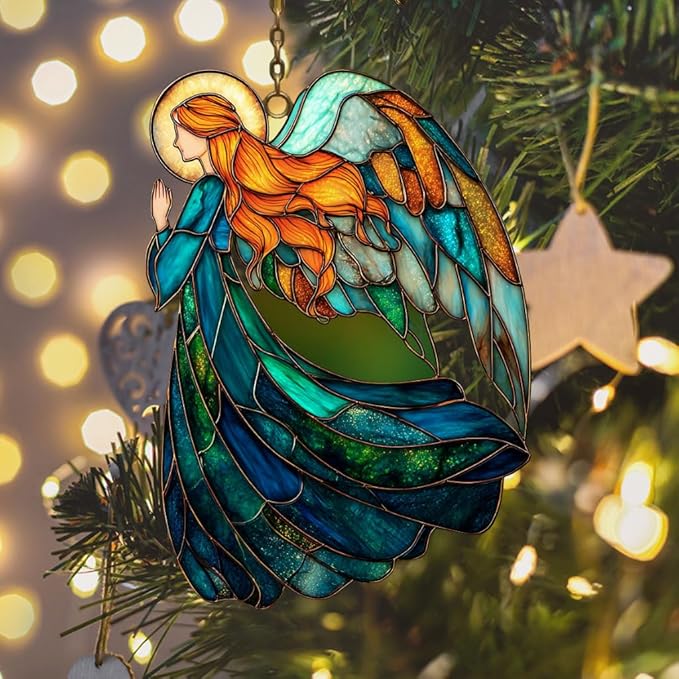 Vivid Angel Mosaic Art Acrylic Suncatcher Stained Glass Effect Window Car Hanging Christmas Ornament Indoor Outdoor Decor Garden Sun Catcher Panel for Butterfly Lover for Women Mom Grandma