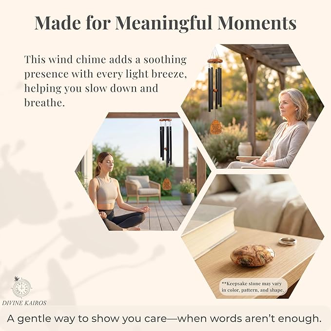 Memorial Wind Chimes for Outside - 28 in. Sympathy Wind Chime Gift with Keepsake Stone & Message Card, Calming Tone, Wood Mute Damper, Garden Porch Patio Decor