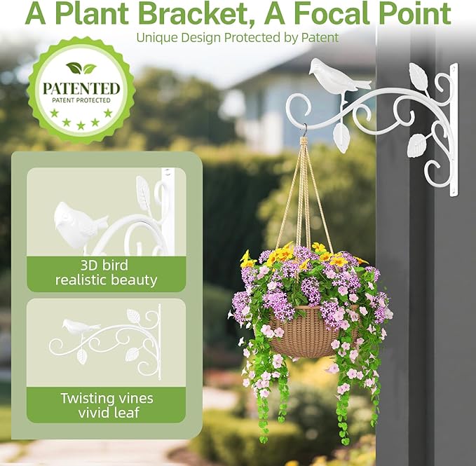 iDavosic.ly Plant Hangers Outdoor 4-Pack, 12 Inch Heavy Duty Iron Wall Brackets for Hanging Plants, Baskets, Bird Feeders, Lanterns, Wind Chimes, Indoor Metal Hooks for Garden Porch Patio, White