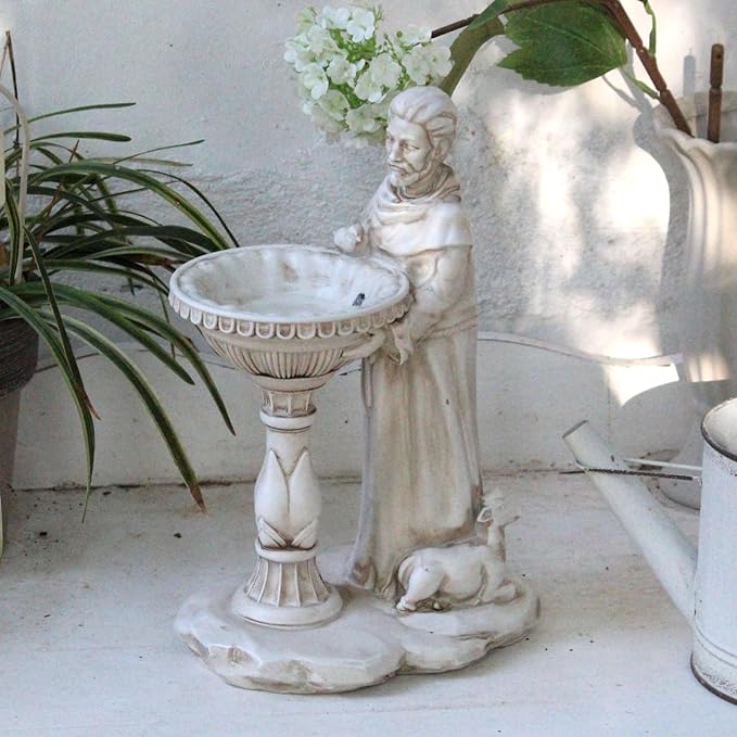 St Francis Garden Statue Outdoor Solar Garden Decor Resin 10.5 Inch Tall Colorful Lights St Francis Statue with Bird Bath Feeder for Yard Patio Lawn Decoration Religious Gardening Gifts