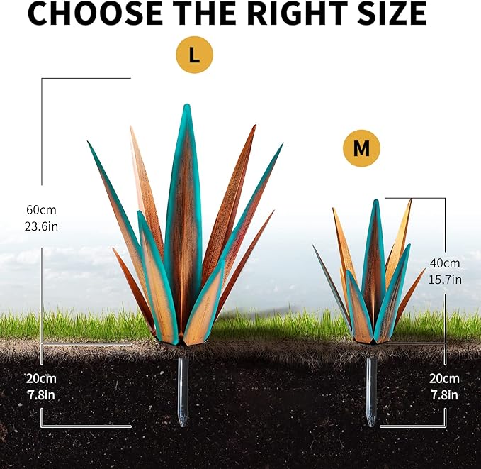 KODIBO Large Tequila Rustic Sculpture, Agave Plants for Outdoor Patio, Home Decor Hand Painted Metal Garden Statue, Lawn Ornaments Yard Stakes (Blue - L)