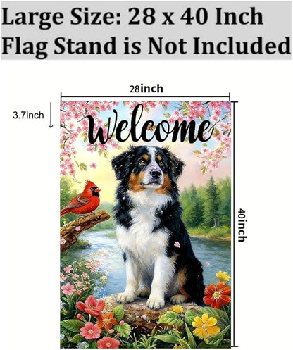 Large Spring Summer House Flags 28 x 40 Double Sided, Burlap Australian Shepherd Dog Flowers Spring Summer Flags for Outside, Seasonal Farmhouse Outdoor Yard Décor