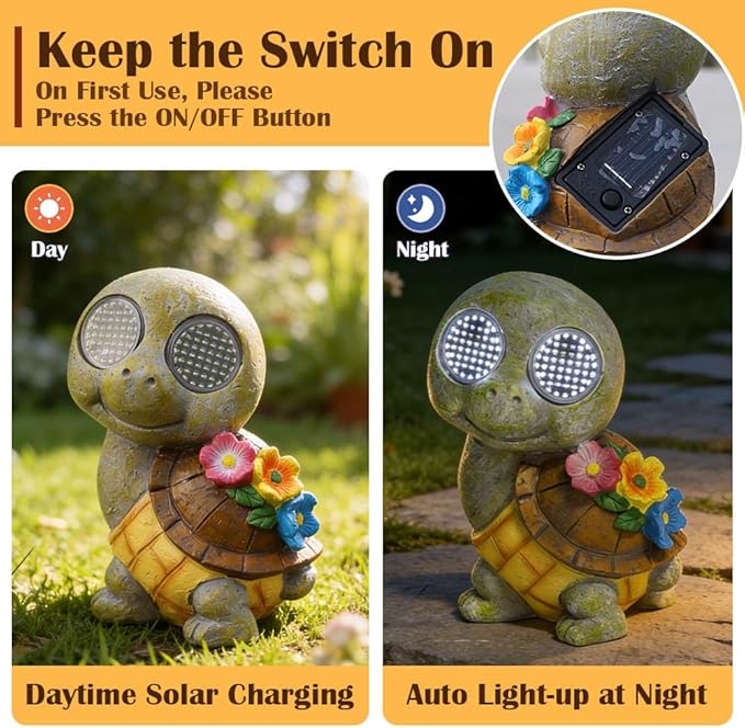 Solar Garden Statue with LED Lights, Dynamic Blinking Lights and Flowers, Outdoor Garden Figurine for Patio Porch Lawn Backyard Decor, Housewarming Gifts for Women (Turtle)