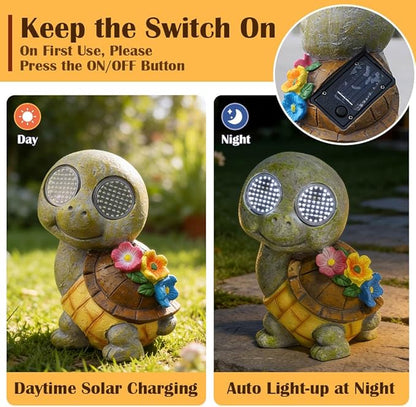 Solar Garden Statue with LED Lights, Dynamic Blinking Lights and Flowers, Outdoor Garden Figurine for Patio Porch Lawn Backyard Decor, Housewarming Gifts for Women (Turtle)