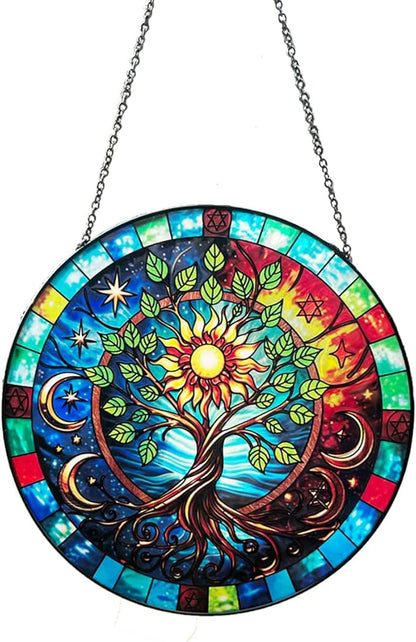 Tree of Life Stained Glass Window Hanging, 7.8" Hand-Painted Sun Catcher Glass Panel Wall Art Decor with Chain, Tree of Life Gifts for Women Mom Grandma, Outdoor Indoor Art Decor for Home Garden