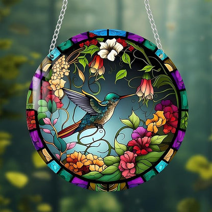 Stained Glass Window Hanging,Paint Bird Flower Suncatcher Diamond Glass Panel Bird Sun Catchers Decor for Birthday for Women, Men, Wife, Aunt, and Friends 5.9x5.9 in