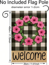 Buffalo Plaid Welcome Wreath Garden Flag Pink Petunia Flower Flag 12×18 Inch Double Sided Spring Outdoor Decor Welcome for Porch Patio Lawn Yard Farmhouse Seasonal Outside