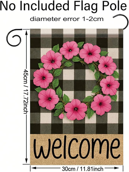 Buffalo Plaid Welcome Wreath Garden Flag Pink Petunia Flower Flag 12×18 Inch Double Sided Spring Outdoor Decor Welcome for Porch Patio Lawn Yard Farmhouse Seasonal Outside