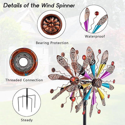 DREAMYSOUL Wind Spinners Outdoor, Copper Metal Kinetic Wind Sculptures with Gemstones, Wind Spinner for Garden Yard Lawn Patio Decor