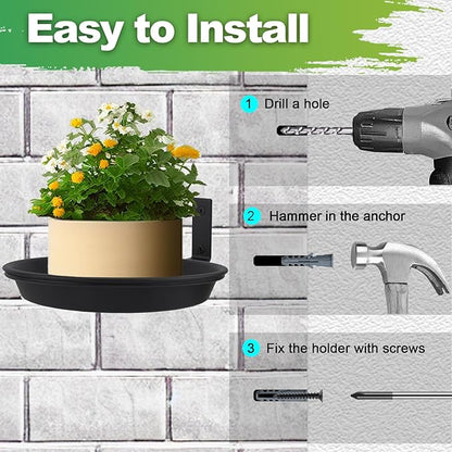 Wall Mount Plant Holder with Saucer Trays 8 inch, 6 Pack Heavy Duty Metal Fence Mounted Plant Holders for Wall, Ring Flower Pot Hanger Planter Bracket for Outside Indoor Outdoor Bird Feeder