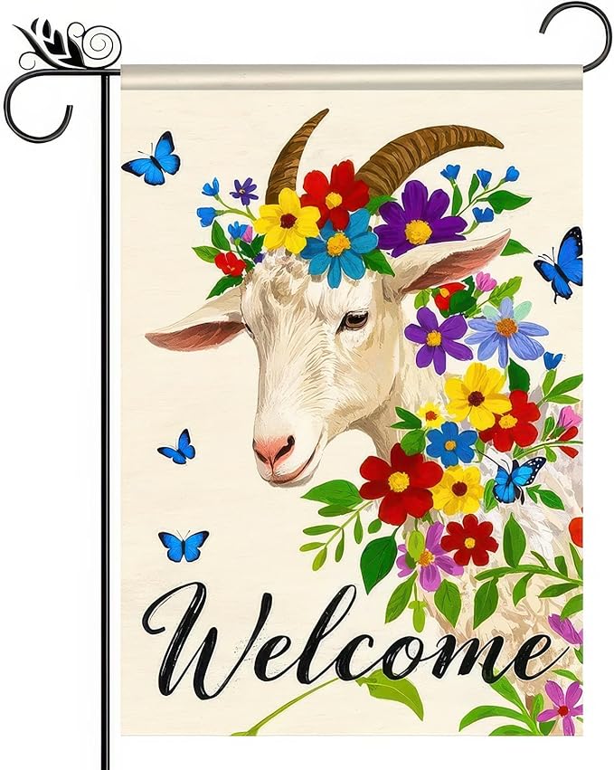 BlissYard Welcome Goat Garden Flag Spring Summer Farmhouse Garden Flag 12x18 Inch Double Sided Floral Goat Yard Flag Outdoor Lawn Patio Porch Rustic Country Decor