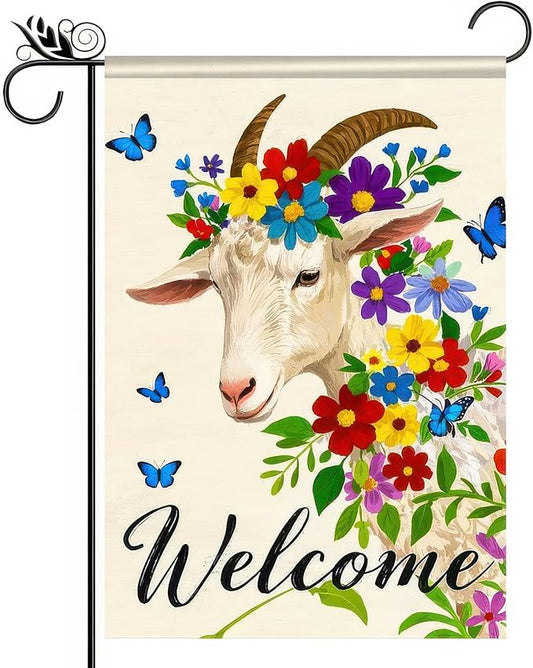 BlissYard Welcome Goat Garden Flag Spring Summer Farmhouse Garden Flag 12x18 Inch Double Sided Floral Goat Yard Flag Outdoor Lawn Patio Porch Rustic Country Decor