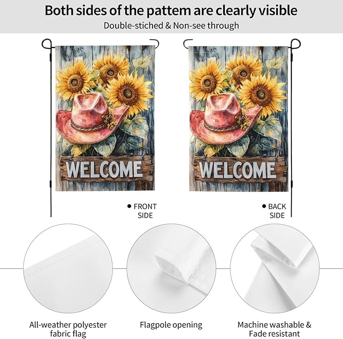 Welcome Cowgirl Sunflower Garden Flags 12×18 Inch Double Sided Decorative Yard Banner Seasonal Flag for Outdoor Outside Decor