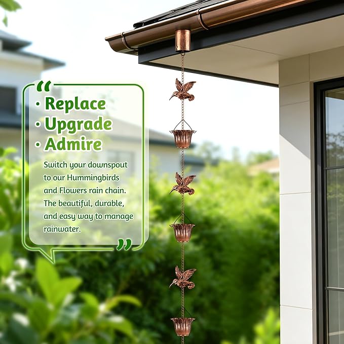 Rain Chains for Gutters Outside 8.5FT Copper Rain Catcher Chain with Adapter Decorative Replacement for Downspout with 6 Hummingbirds and 6 Flower Cups