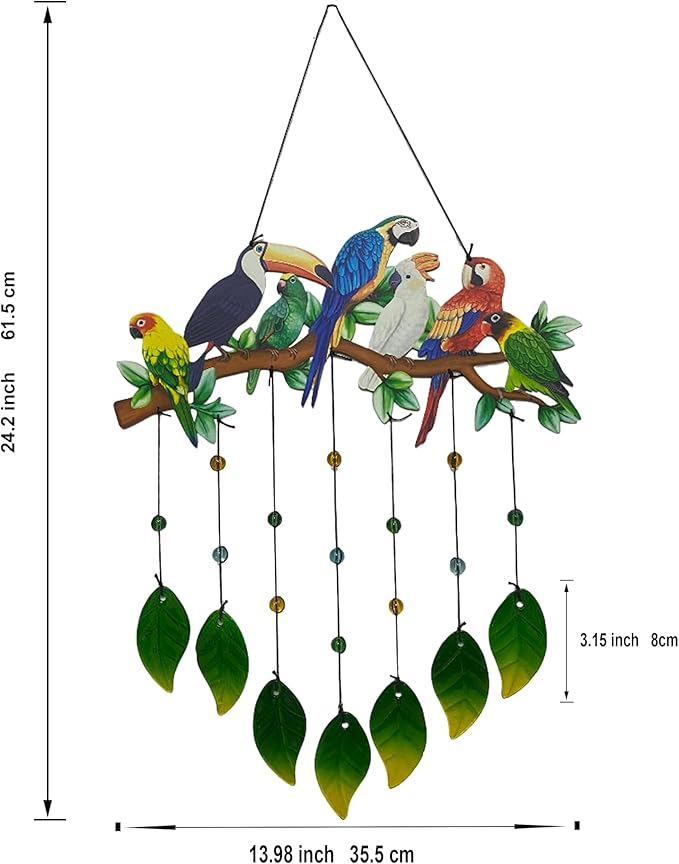Parrot Wind Chimes Outdoor - Colorful Metal & Glass Leaves Hanging Decor for Garden, Yard, Porch