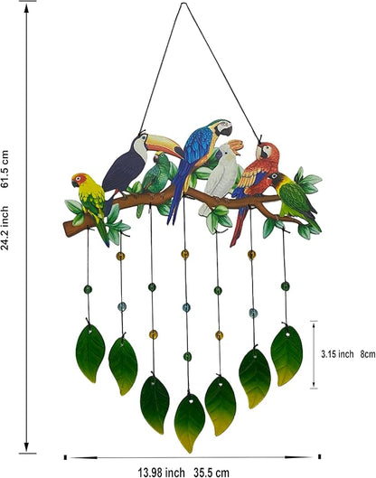 Parrot Wind Chimes Outdoor - Colorful Metal & Glass Leaves Hanging Decor for Garden, Yard, Porch