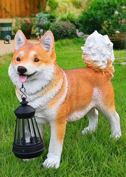 Akita Dog Garden Statue with Solar Lantern & Double-Sided Welcome Sign, Cute Shiba Inu Outdoor Decor Figurine for Patio Lawn Yard, Waterproof Resin Animal Sculpture, Dog Lover Gift