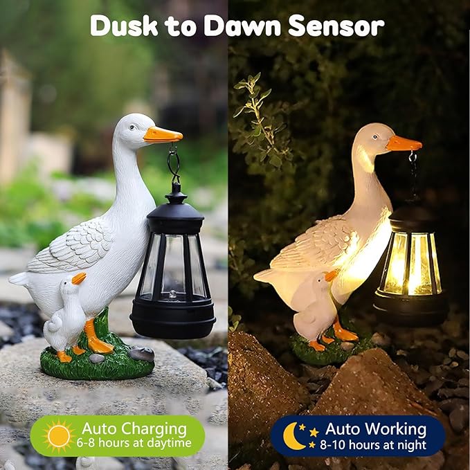 VEEKI Garden Statue Outdoor, Cute Goose Statue Figurine Lights with Solar Lantern Outdoor Waterproof, Resin Outdoor Decor Sculpture for Yard Porch Patio Lawn, Unique Gifts for Mom Grandma Women