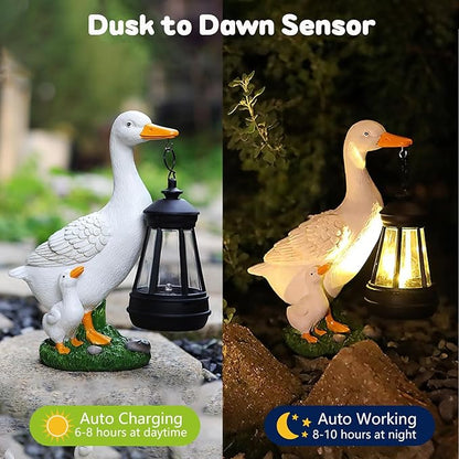 VEEKI Garden Statue Outdoor, Cute Goose Statue Figurine Lights with Solar Lantern Outdoor Waterproof, Resin Outdoor Decor Sculpture for Yard Porch Patio Lawn, Unique Gifts for Mom Grandma Women