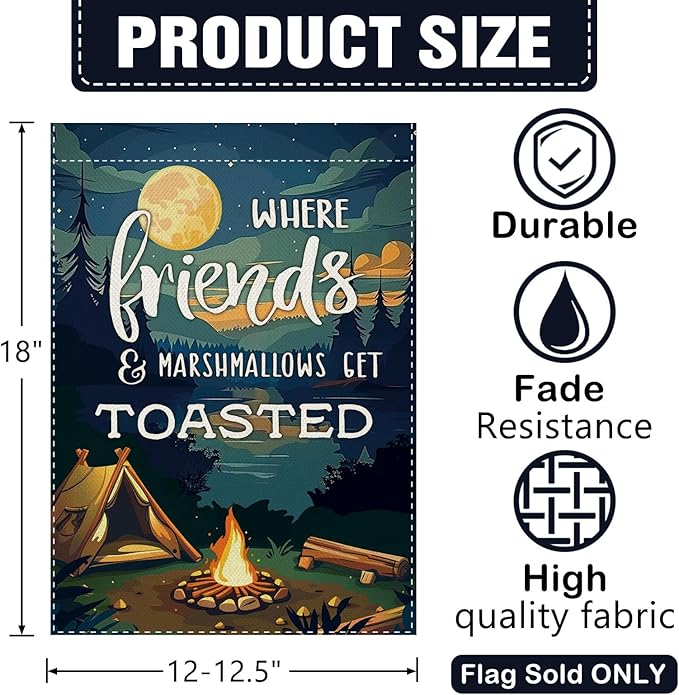 Dyrenson Camping Friends Decorative Garden Flag, Camper Tent Forest Night Lake House Adventure Yard Outside Home Decoration, Campsite Campfire Outdoor Small Decor Double Sided 12 x 18