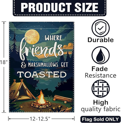 Dyrenson Camping Friends Decorative Garden Flag, Camper Tent Forest Night Lake House Adventure Yard Outside Home Decoration, Campsite Campfire Outdoor Small Decor Double Sided 12 x 18