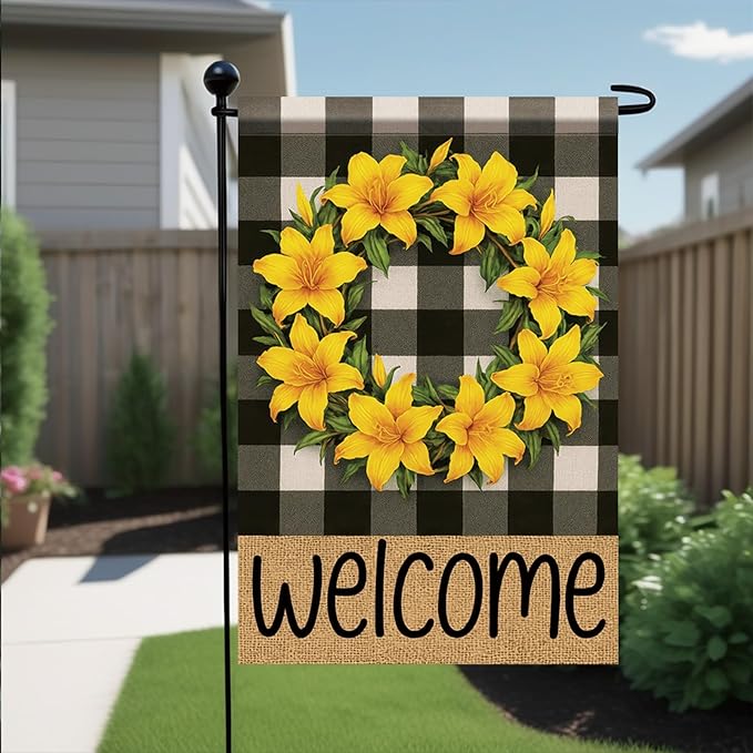 Buffalo Plaid Welcome Wreath Garden Flag Lily Flower Flag 12x 18 Inch Double Sided Spring Outdoor Fall Autumn Farmhouse Outdoor Small Decor for Porch Lawn Patio Yard