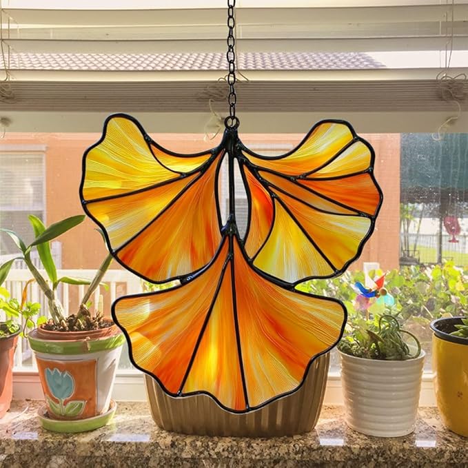 Ginkgo Leaves Acrylic Suncatcher Stained Glass Effect Window Car Hanging Christmas Ornament Indoor Outdoor Decor Garden Sun Catcher Panel for Acrylic Suncatcher Lover for Women Mom Grandma