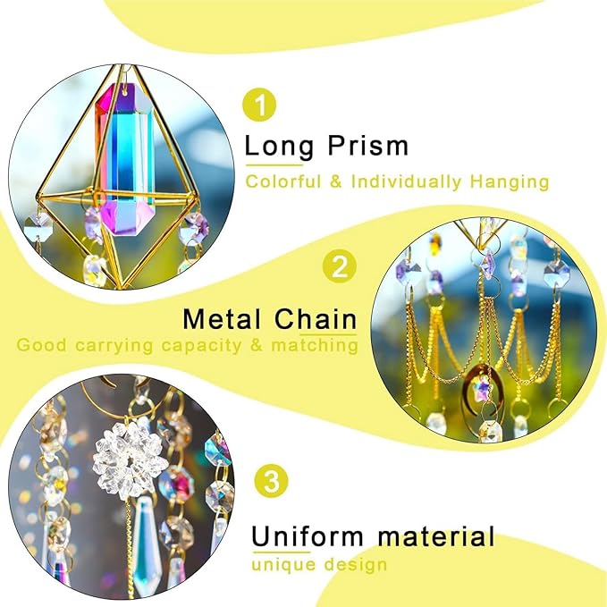 Crystal Sun Catcher Hanging Suncatchers Glass Prisms Wind Chime Room Decor for Garden Home Windows Decoration (Colorful Crystal)