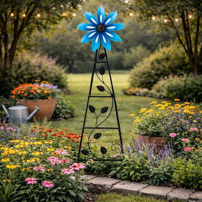 Glitzhome Windmill for Yard, Yellow Flower Garden Windmill Outdoor Wind Spinner, Metal Weather Vane Sunflower Decor, 44”H