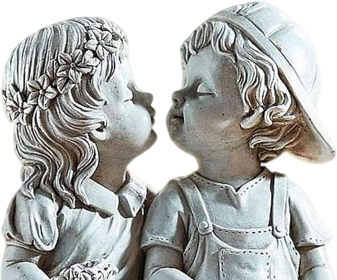 Girl and Boy Sitting on Bench Statues, Fisrt Kiss Sculpture Figurine Decoration for Yard Patio Porch Indoor Outdoor Lawn Bookshelf, 8 1/4" L x 4 3/4" W x 9" H