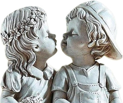 Girl and Boy Sitting on Bench Statues, Fisrt Kiss Sculpture Figurine Decoration for Yard Patio Porch Indoor Outdoor Lawn Bookshelf, 8 1/4" L x 4 3/4" W x 9" H