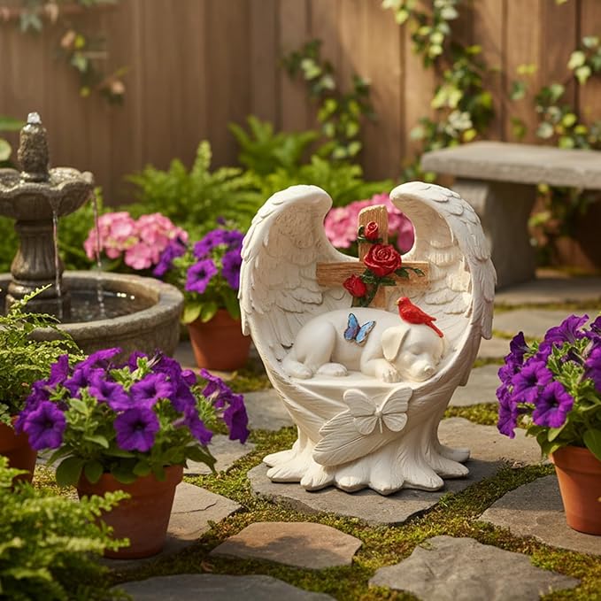 Dog Memorial Stone with Angel Wings Cross Roses Cardinal Butterfly, Pet Grave Markers Sleeping Waterproof Loss of Dog Sympathy Gift for Outdoor Cemetery 6 Inch