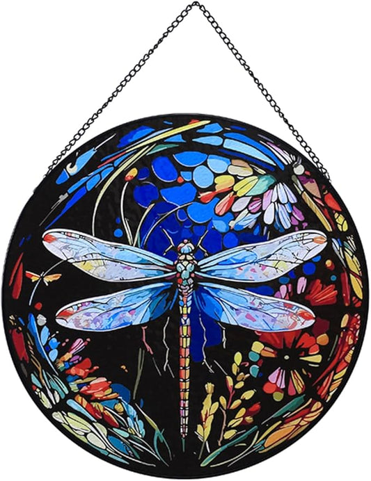 Stained Glass Window Hanging,20cm/7.87inch Dragonfly Hand-Painted Sun Catcher Garden Hangings Christmas Mother's Day, Valentine's Day Ornaments Festival Gift (A Style)