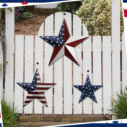 Funrous 3 Pcs Memorial Day Decorations Outdoor 12'' 8'' and 6'' Patriotic Metal Stars American Flag Stars 3D Wall Art Decor 4th of July Barn Star for Home Porch Yard