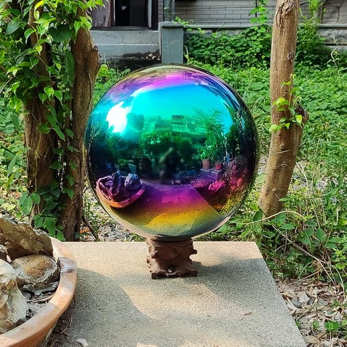 35cm/14 inch Garden Sphere Mirror Gazing Ball,Rainbow Stainless Steel Polished Reflective Smooth Hollow Globe Ball,Durable Colorful and Shiny Decorations Addition to Garden Patio Yard Home
