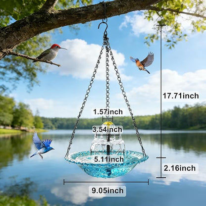 Yeomi Solar Fountain for Bird Bath, Solar Cascade Hanging Bird Bath Fountain, Large Hummingbird Bath with Solar Pump & Blue Glass Bowl, Outdoor Garden Decor